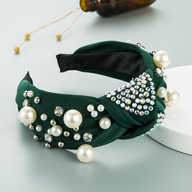 Wide Side Headband Mix Pearls Baroque Hairband Knot Headwear-Hair Accessories-Arimonz-green hairband-Arimonz