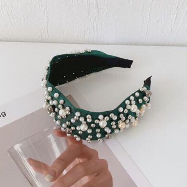 Wide Side Headband Mix Pearls Baroque Hairband Knot Headwear-Hair Accessories-Arimonz-green hairband B-Arimonz