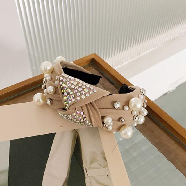 Wide Side Headband Mix Pearls Baroque Hairband Knot Headwear-Hair Accessories-Arimonz-khaki hairband-Arimonz