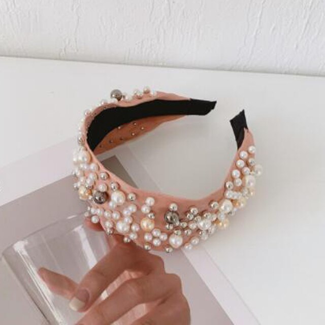 Wide Side Headband Mix Pearls Baroque Hairband Knot Headwear-Hair Accessories-Arimonz-pink hairband C-Arimonz