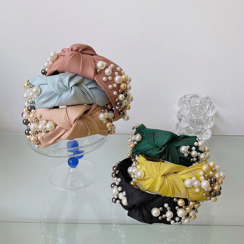 Wide Side Headband Mix Pearls Baroque Hairband Knot Headwear-Hair Accessories-Arimonz-Arimonz