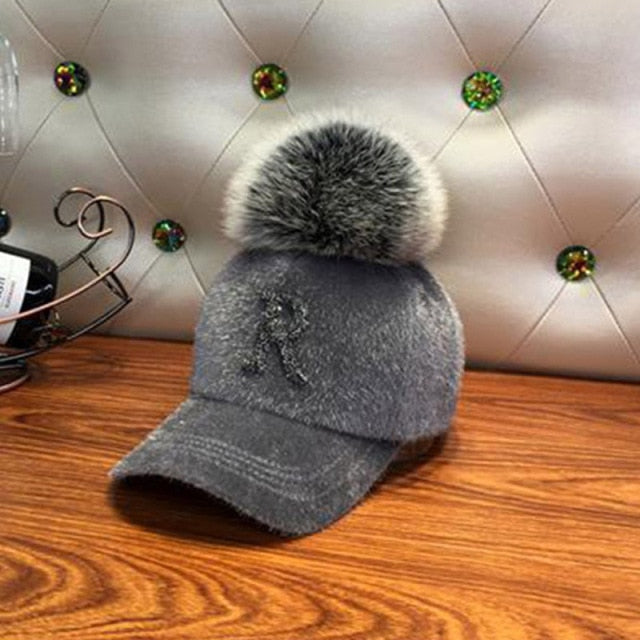 Winter Baseball Cap Women Rhinestone Letter Pompom Hip Hop Caps-Women's Caps-Arimonz-gray-Arimonz