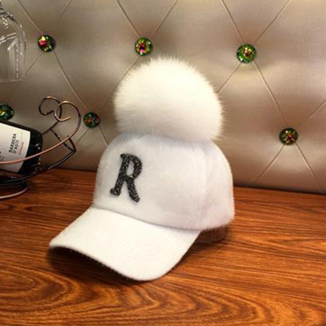 Winter Baseball Cap Women Rhinestone Letter Pompom Hip Hop Caps-Women's Caps-Arimonz-white-Arimonz