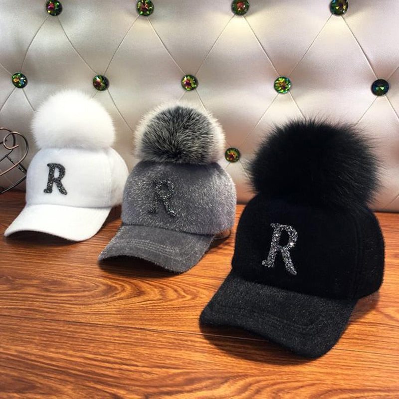 Winter Baseball Cap Women Rhinestone Letter Pompom Hip Hop Caps-Women's Caps-Arimonz-Arimonz