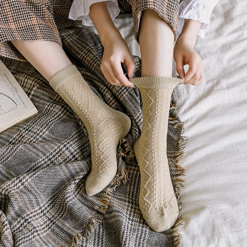 Winter Cashmere Wool Woman Socks Solid Retro Long Socks Crew Sock-Socks & Tights-Arimonz-Arimonz