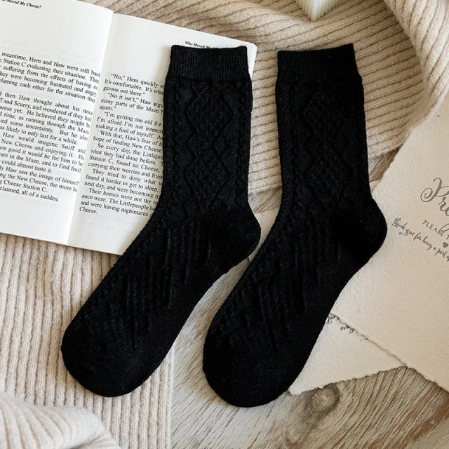 Winter Cashmere Wool Woman Socks Solid Retro Long Socks Crew Sock-Socks & Tights-Arimonz-Black-Arimonz