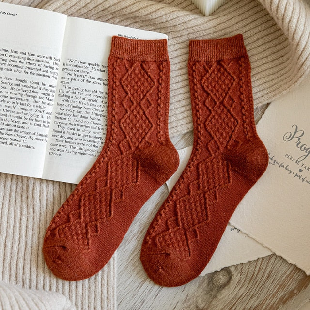 Winter Cashmere Wool Woman Socks Solid Retro Long Socks Crew Sock-Socks & Tights-Arimonz-Burgundy-Arimonz