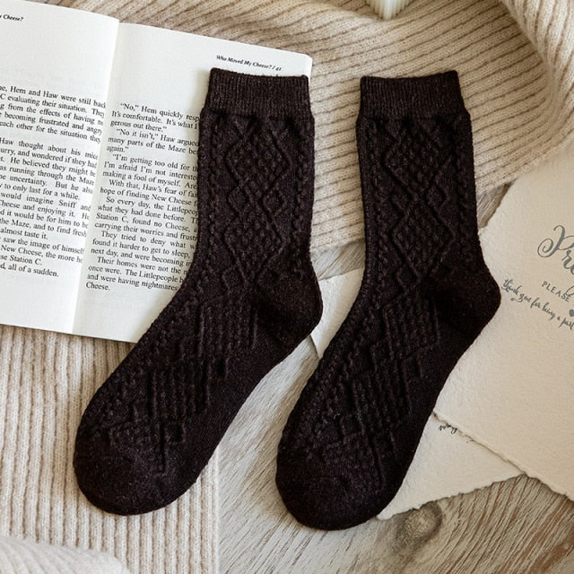 Winter Cashmere Wool Woman Socks Solid Retro Long Socks Crew Sock-Socks & Tights-Arimonz-Coffee-Arimonz