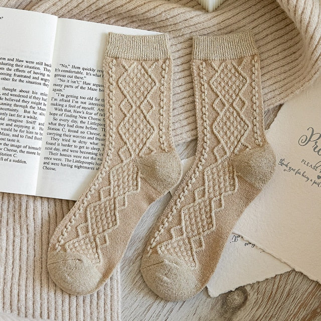 Winter Cashmere Wool Woman Socks Solid Retro Long Socks Crew Sock-Socks & Tights-Arimonz-Khaki-Arimonz