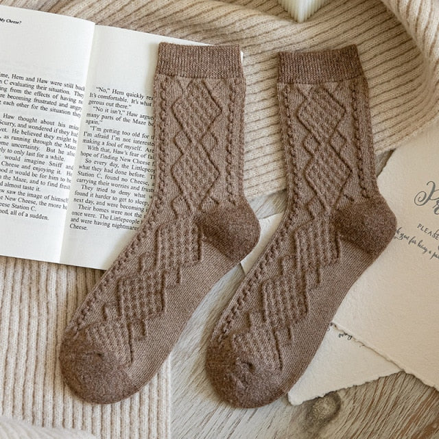 Winter Cashmere Wool Woman Socks Solid Retro Long Socks Crew Sock-Socks & Tights-Arimonz-Light Coffee-Arimonz