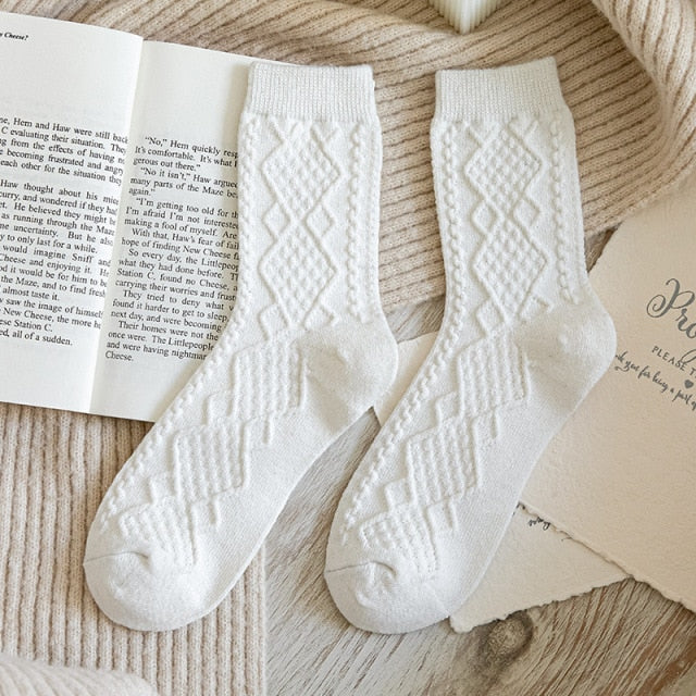 Winter Cashmere Wool Woman Socks Solid Retro Long Socks Crew Sock-Socks & Tights-Arimonz-White-Arimonz