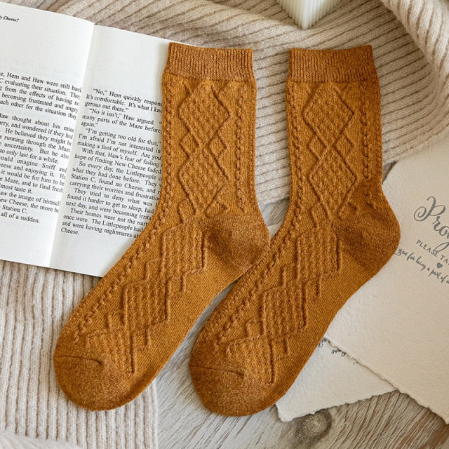 Winter Cashmere Wool Woman Socks Solid Retro Long Socks Crew Sock-Socks & Tights-Arimonz-Yellow-Arimonz