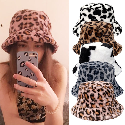Winter Cow Leopard Faux Fur Fluffy Bucket Hats Women Outdoor Warm Hat-Bucket Hats-Arimonz-Arimonz