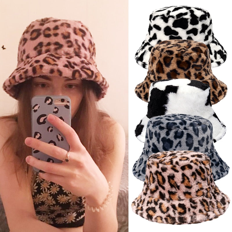 Winter Cow Leopard Faux Fur Fluffy Bucket Hats Women Outdoor Warm Hat-Bucket Hats-Arimonz-Arimonz