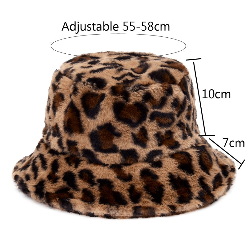 Winter Cow Leopard Faux Fur Fluffy Bucket Hats Women Outdoor Warm Hat-Bucket Hats-Arimonz-Arimonz