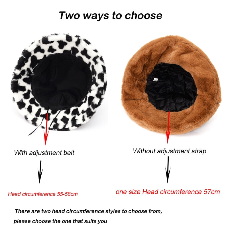 Winter Cow Leopard Faux Fur Fluffy Bucket Hats Women Outdoor Warm Hat-Bucket Hats-Arimonz-Arimonz