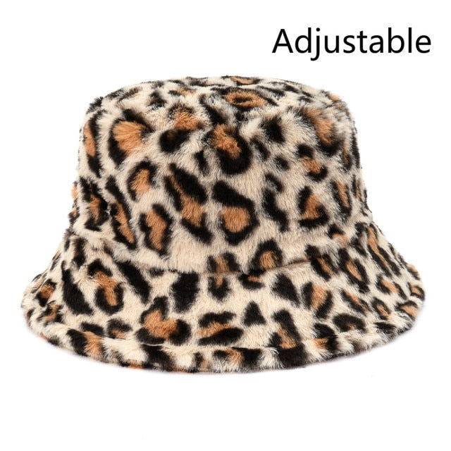 Winter Cow Leopard Faux Fur Fluffy Bucket Hats Women Outdoor Warm Hat-Bucket Hats-Arimonz-beige Leopard-Arimonz