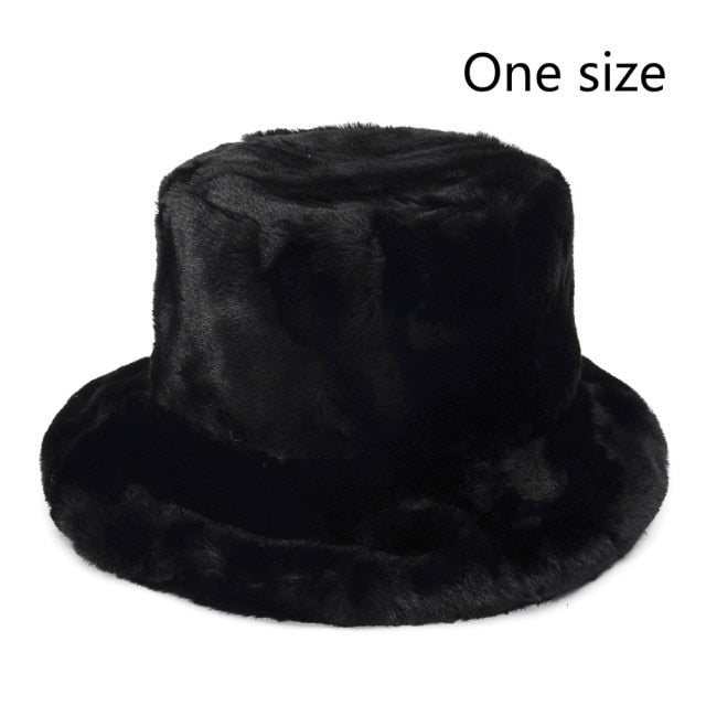 Winter Cow Leopard Faux Fur Fluffy Bucket Hats Women Outdoor Warm Hat-Bucket Hats-Arimonz-black-Arimonz