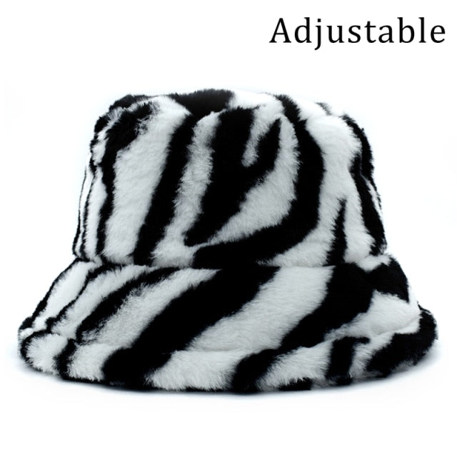 Winter Cow Leopard Faux Fur Fluffy Bucket Hats Women Outdoor Warm Hat-Bucket Hats-Arimonz-black white Zebra-Arimonz