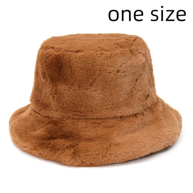 Winter Cow Leopard Faux Fur Fluffy Bucket Hats Women Outdoor Warm Hat-Bucket Hats-Arimonz-caramel-Arimonz