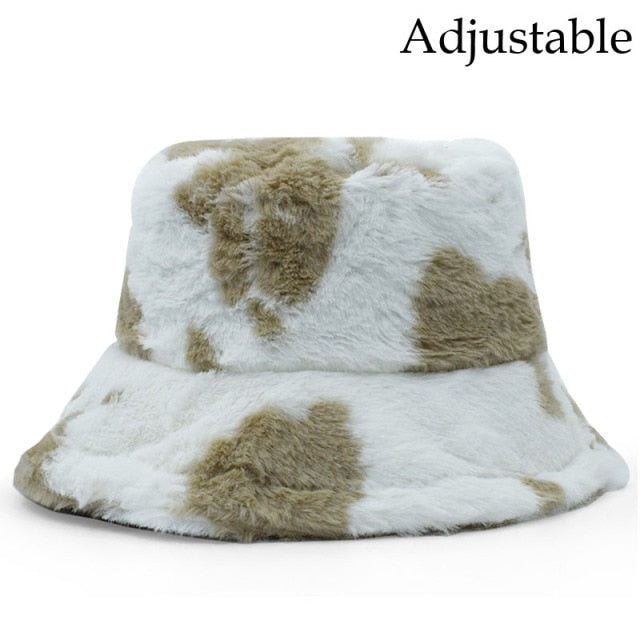 Winter Cow Leopard Faux Fur Fluffy Bucket Hats Women Outdoor Warm Hat-Bucket Hats-Arimonz-cow khaki-Arimonz