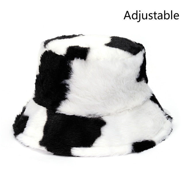 Winter Cow Leopard Faux Fur Fluffy Bucket Hats Women Outdoor Warm Hat-Bucket Hats-Arimonz-cow pattern A-Arimonz