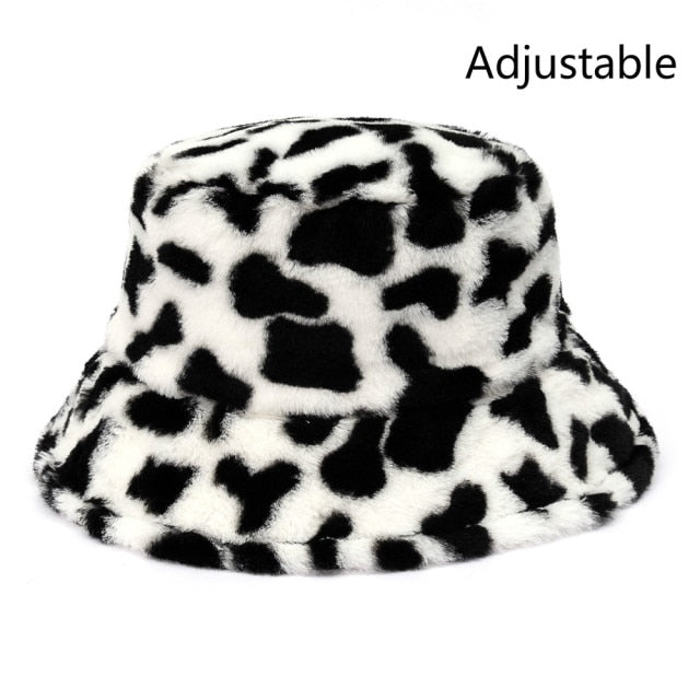Winter Cow Leopard Faux Fur Fluffy Bucket Hats Women Outdoor Warm Hat-Bucket Hats-Arimonz-cow pattern B-Arimonz