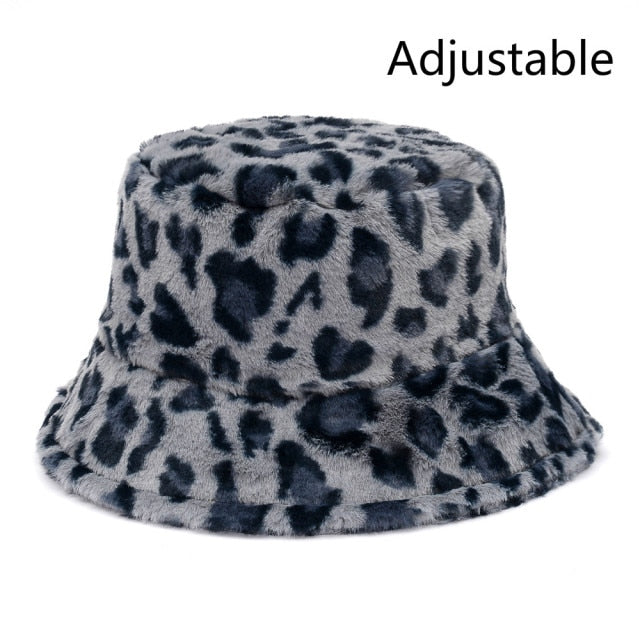 Winter Cow Leopard Faux Fur Fluffy Bucket Hats Women Outdoor Warm Hat-Bucket Hats-Arimonz-grey Leopard-Arimonz