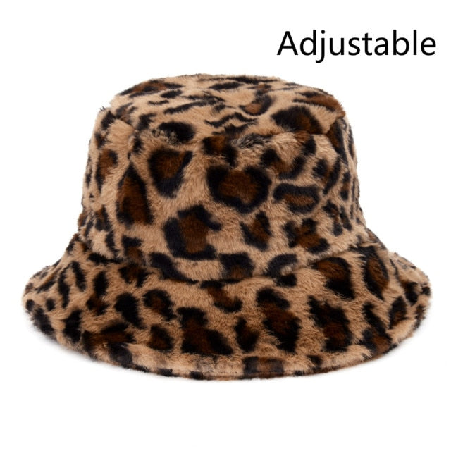 Winter Cow Leopard Faux Fur Fluffy Bucket Hats Women Outdoor Warm Hat-Bucket Hats-Arimonz-khaki Leopard-Arimonz