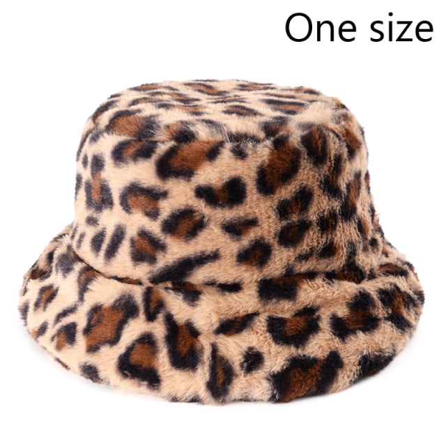 Winter Cow Leopard Faux Fur Fluffy Bucket Hats Women Outdoor Warm Hat-Bucket Hats-Arimonz-Leopard-Arimonz