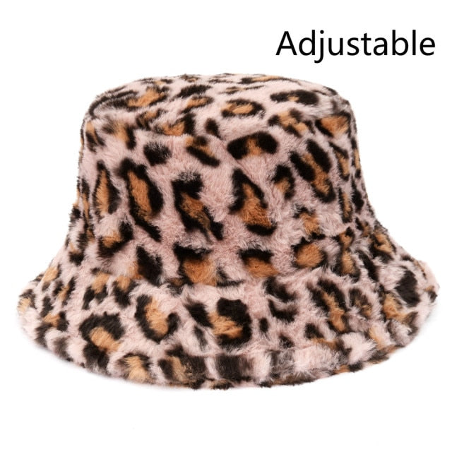 Winter Cow Leopard Faux Fur Fluffy Bucket Hats Women Outdoor Warm Hat-Bucket Hats-Arimonz-pink Leopard-Arimonz