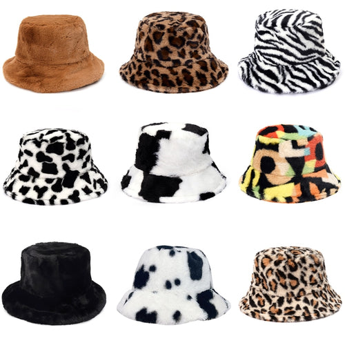 Winter Cow Leopard Faux Fur Fluffy Bucket Hats Women Outdoor Warm Hat-Bucket Hats-Arimonz-Arimonz
