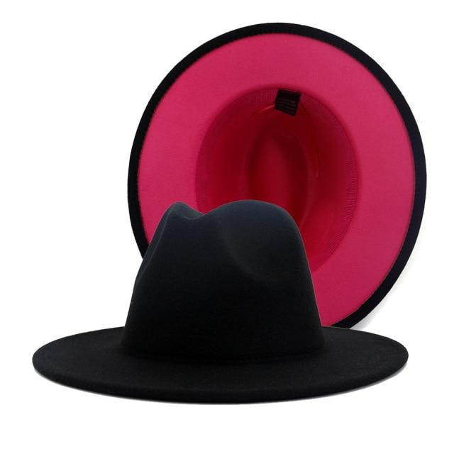 Winter Fedora Hats For Women Fashion Flat Wide Brim Wool Felt Hats-Winter Hats-Arimonz-Black Red Inside-Arimonz