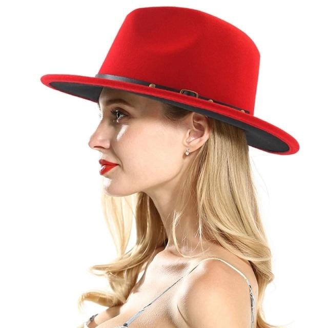 Winter Fedora Hats For Women Fashion Flat Wide Brim Wool Felt Hats-Winter Hats-Arimonz-Red Black-Arimonz