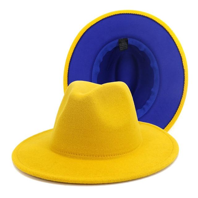 Winter Fedora Hats For Women Fashion Flat Wide Brim Wool Felt Hats-Winter Hats-Arimonz-Yellow Dark Blue-Arimonz