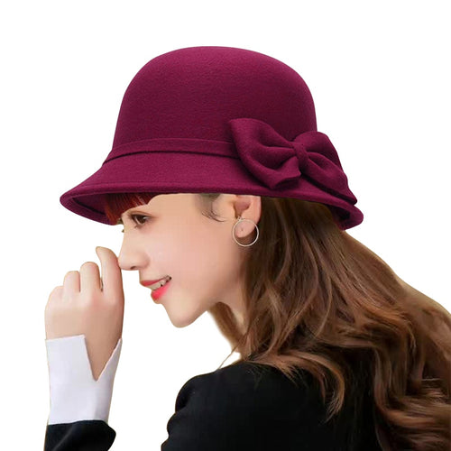 Winter Fedoras Women Hat Elegant Vintage Bowknot Wool Ladies Hat Dome-Winter Hats-Arimonz-Arimonz