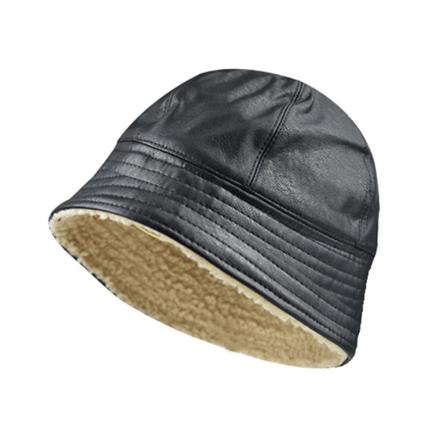 Winter Hats For Women Black PU Bucket Hat Streetwear Plus Velvet Caps-Bucket Hats-Arimonz-Arimonz