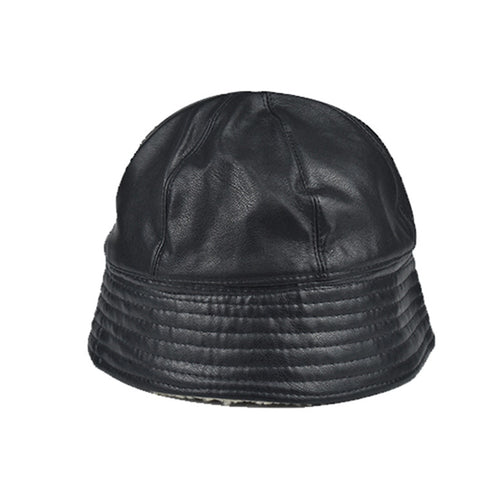 Winter Hats For Women Black PU Bucket Hat Streetwear Plus Velvet Caps-Bucket Hats-Arimonz-Arimonz