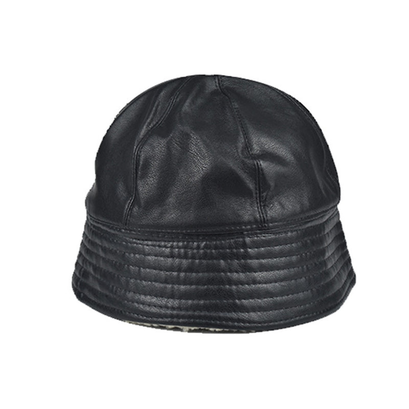 Winter Hats For Women Black PU Bucket Hat Streetwear Plus Velvet Caps-Bucket Hats-Arimonz-Arimonz