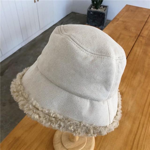 Winter Hats - Warm Women Bucket Hat Winter Suede Artificial Fur Thick Warm Plush Cap
