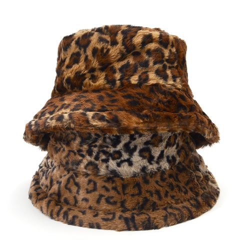 Winter Leopard Faux Fur Bucket Hat Women Thick Warm Fisherman Hat-Bucket Hats-Arimonz-Arimonz