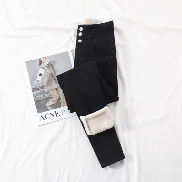 Winter Thick Velvet Women High Waist Skinny Jeans Warm Slim Fit Pants-Skinny Jeans-Arimonz-Black Three Buttons-25-Arimonz