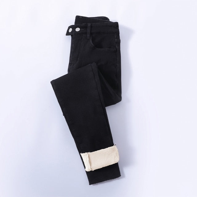 Winter Thick Velvet Women High Waist Skinny Jeans Warm Slim Fit Pants-Skinny Jeans-Arimonz-Black Two Buttons-25-Arimonz