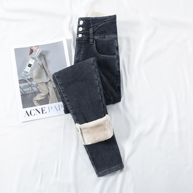 Winter Thick Velvet Women High Waist Skinny Jeans Warm Slim Fit Pants-Skinny Jeans-Arimonz-Blue Gray Three Buttons-25-Arimonz