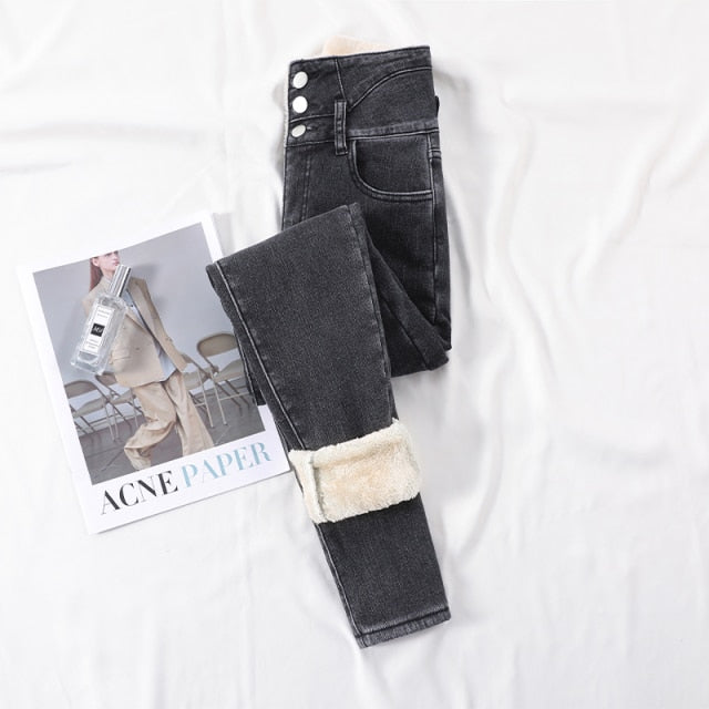 Winter Thick Velvet Women High Waist Skinny Jeans Warm Slim Fit Pants-Skinny Jeans-Arimonz-Gray Three Buttons-25-Arimonz