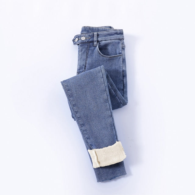 Winter Thick Velvet Women High Waist Skinny Jeans Warm Slim Fit Pants-Skinny Jeans-Arimonz-Vintage Blue Two Buttons-25-Arimonz