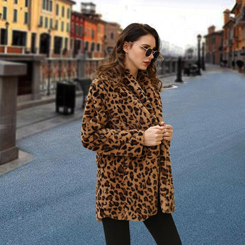Winter Warm Plush Teddy Coat Long Leopard Print Faux Fur Jacket-Fuzzy Jackets-Arimonz-Arimonz