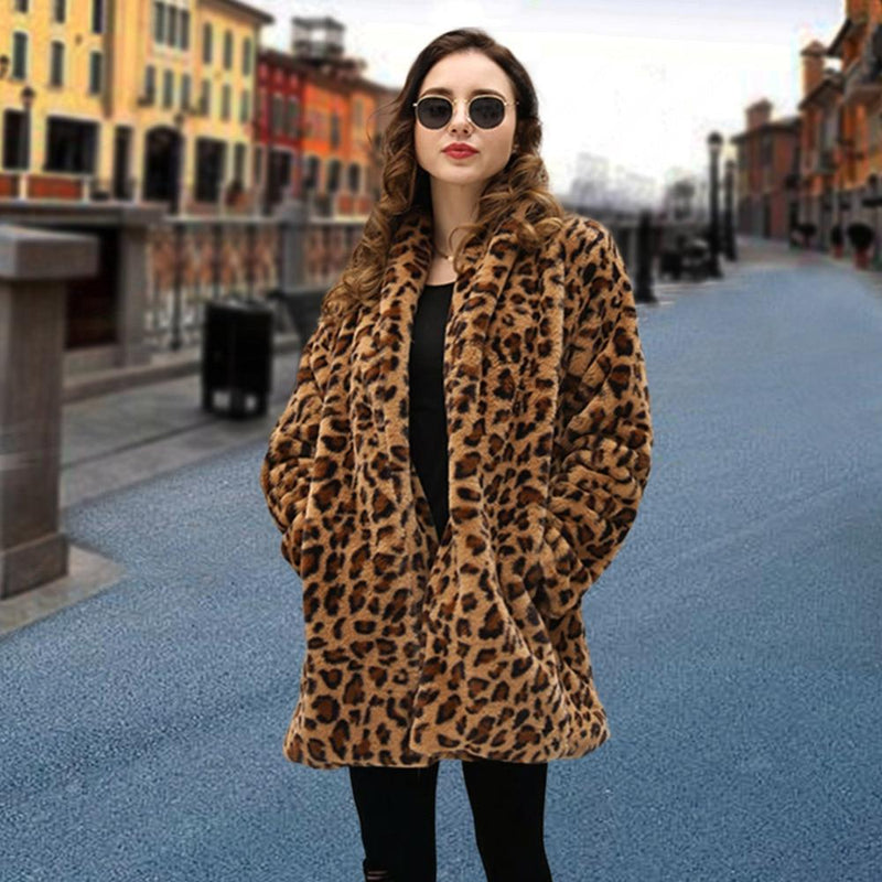Winter Warm Plush Teddy Coat Long Leopard Print Faux Fur Jacket-Fuzzy Jackets-Arimonz-Arimonz
