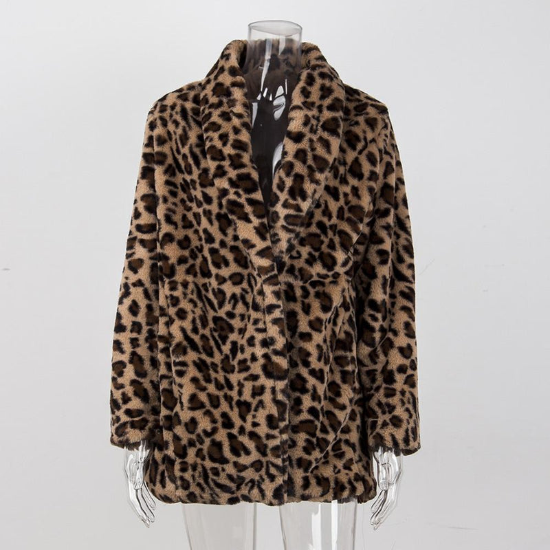 Winter Warm Plush Teddy Coat Long Leopard Print Faux Fur Jacket-Fuzzy Jackets-Arimonz-Arimonz
