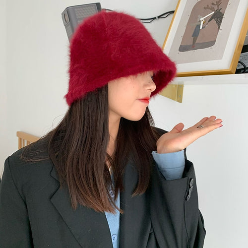 Winter Women Solid Color Fur Hat Bucket Cap Fisherman Hat Bucket Hat-Bucket Hats-Arimonz-Arimonz